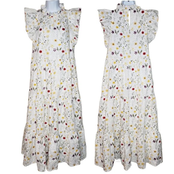 En Saison Women's Floral Tiered Embroidered Tent Dress Pockets Sz L, White (1179 - Picture 2 of 7